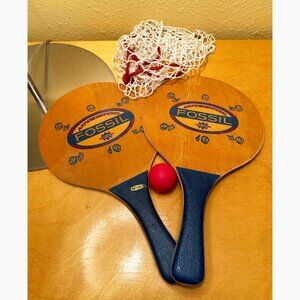Pair of Authentic Fossil Collectible Table Tennis Paddles and Ball